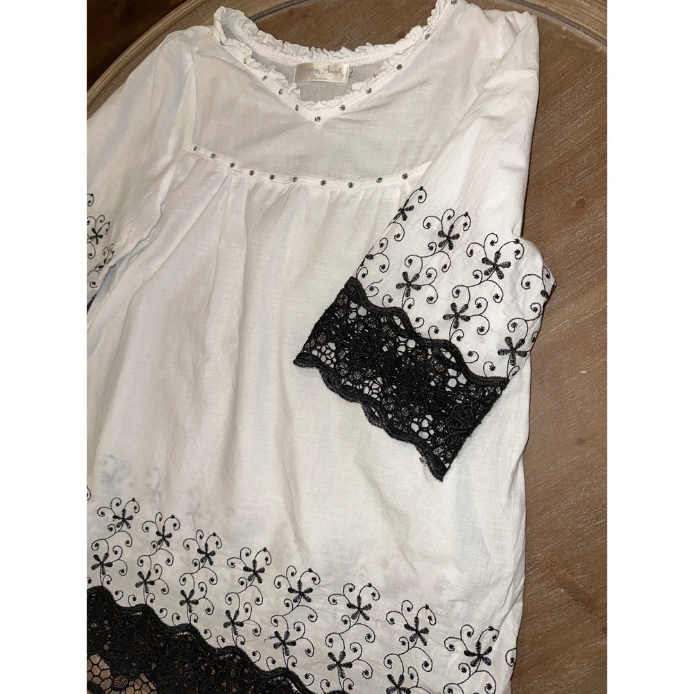 Pretty Angel White Linen Blend Embroidered Lace Trim Tunic Blouse Large L
